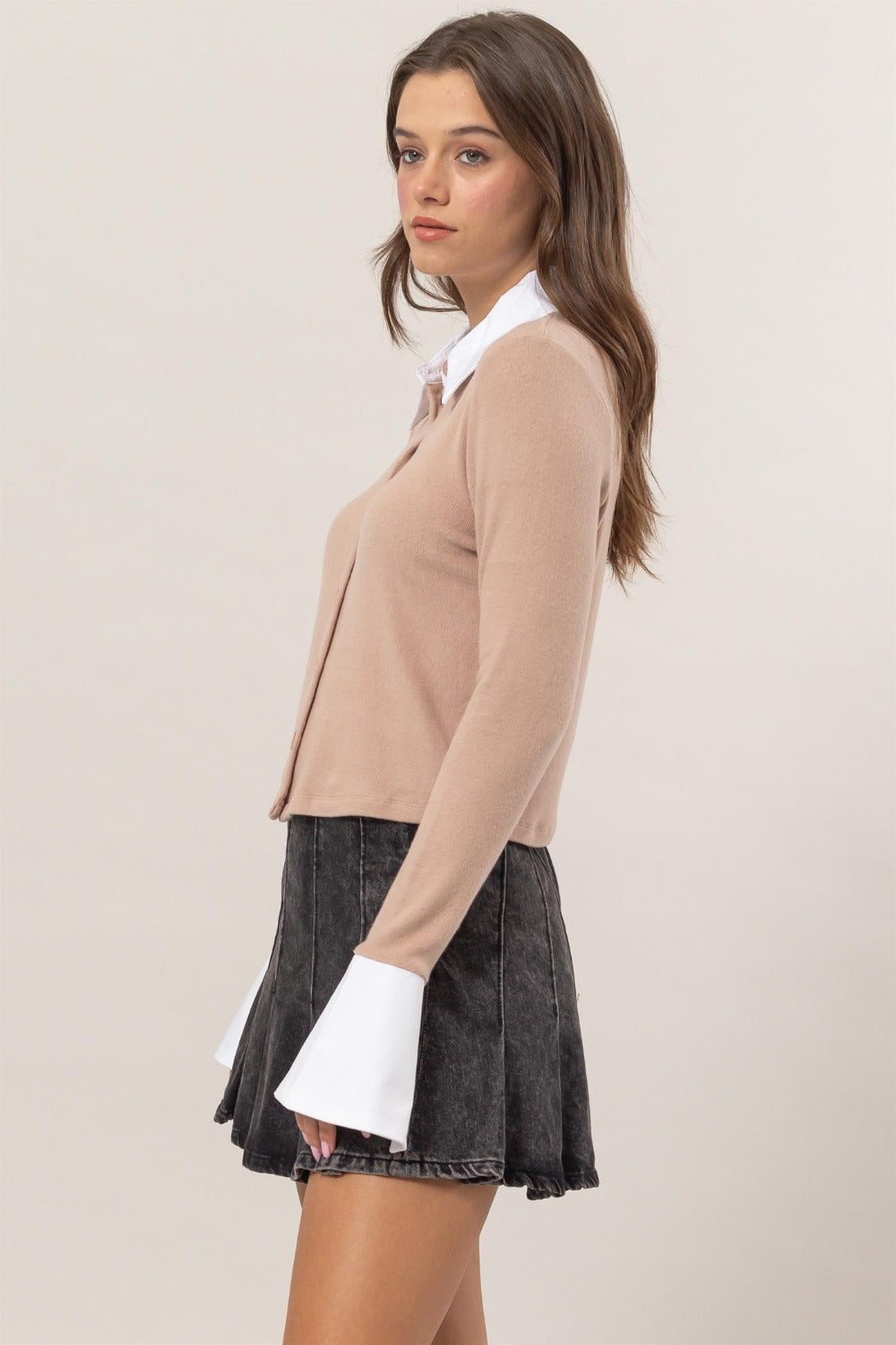 HYFVE Collared Contrast Button Down Crop Knit Cardigan